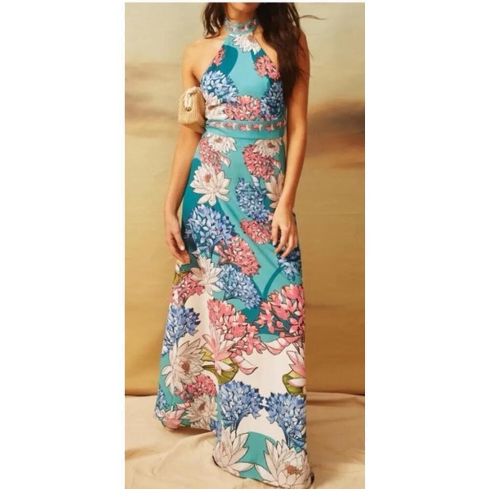 Agua Bendita Darmy Dress Floral Sleeveless Halter Open Back Maxi Multicolor XS